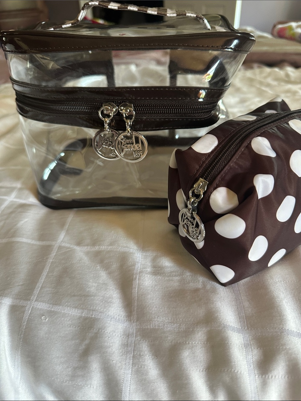 Henri Bendel Clear Cosmetic Train Case with Brown Trim + Brown Polka Dot Pouch